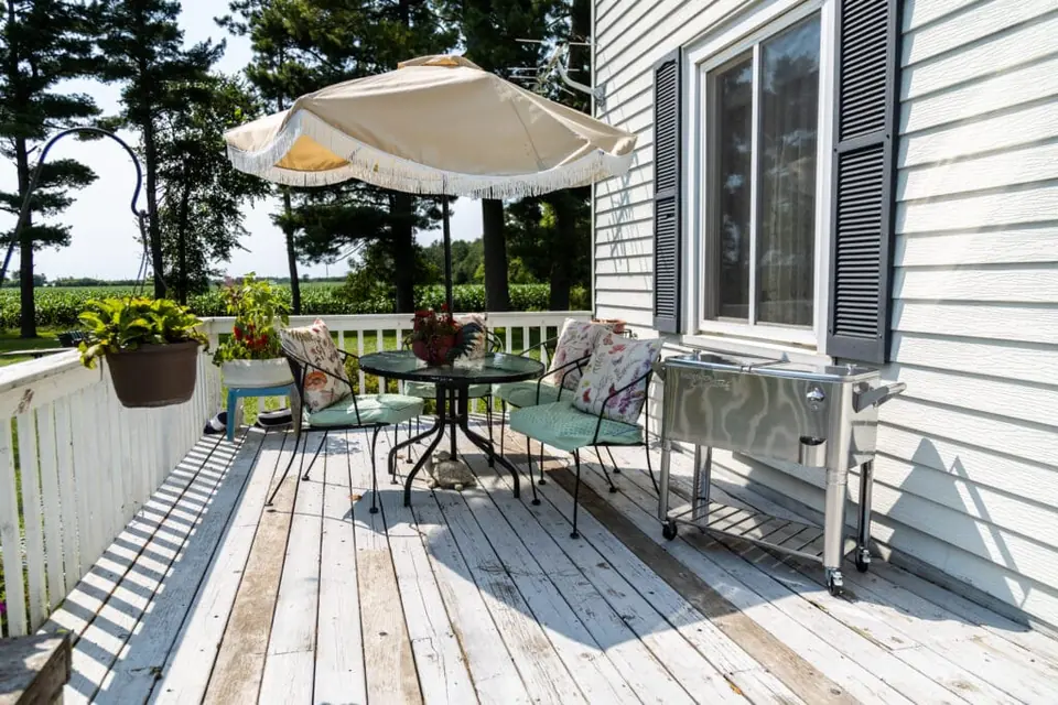 The farmhouse deck, ready for a quiet morning outside